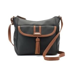 Rosetti Black Faux Leather Rosalee Crossbody Bag Tassel Purse Brown Trim